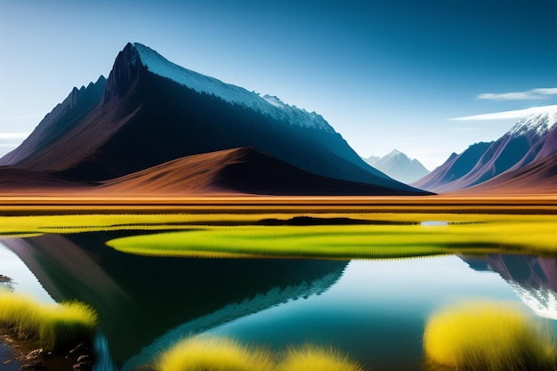 Free photo a mountain lake with a blue sky and a green field with mountains in the background.