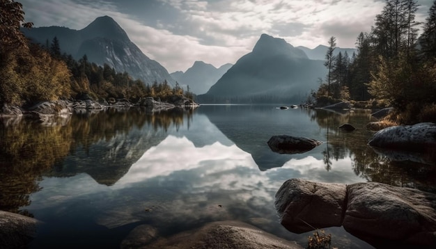 A mountain lake with a cloudy sky in the background