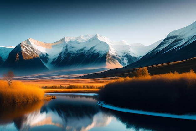 A mountain lake with snow covered mountains in the background