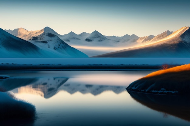 A mountain lake with snow covered mountains in the background