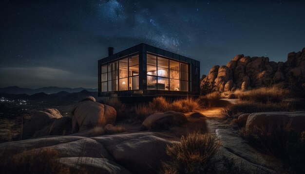 Mountain landscape illuminated by moonlight and Milky Way generated by AI