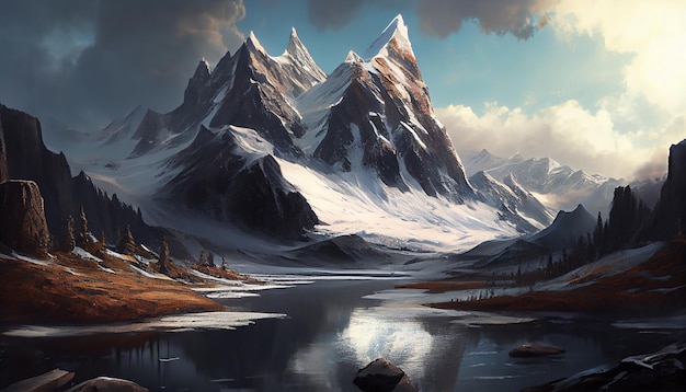 Mountain landscape outdoors snow scene generative AI