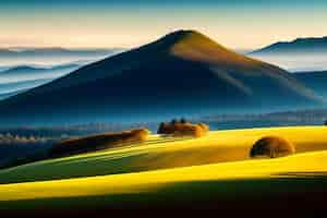 Free photo a mountain landscape with a blue sky and a field with trees in the foreground.