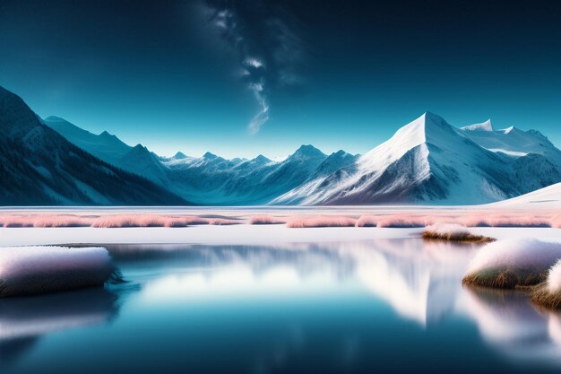 A mountain landscape with a blue sky and a snowy mountain in the background