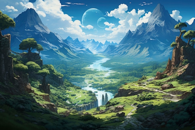 Mountain landscape with fantasy style scene