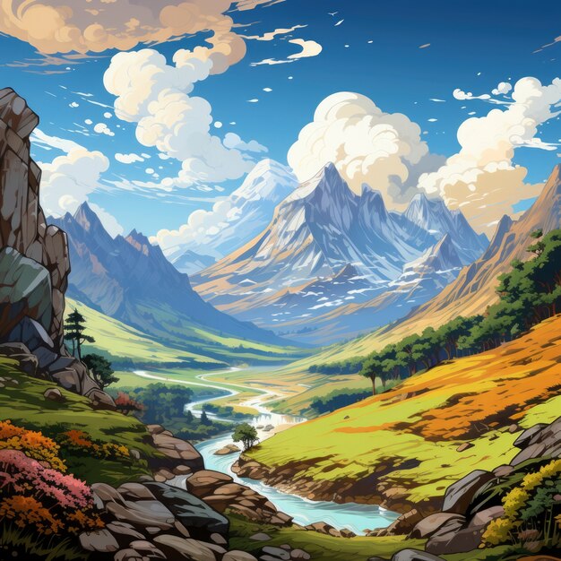 Mountain landscape with fantasy style scene