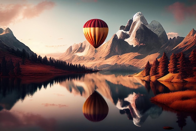 Free photo mountain landscape with hot air balloon at dawn generative ai