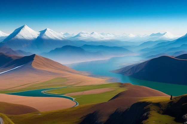 A mountain landscape with a river and mountains in the background.