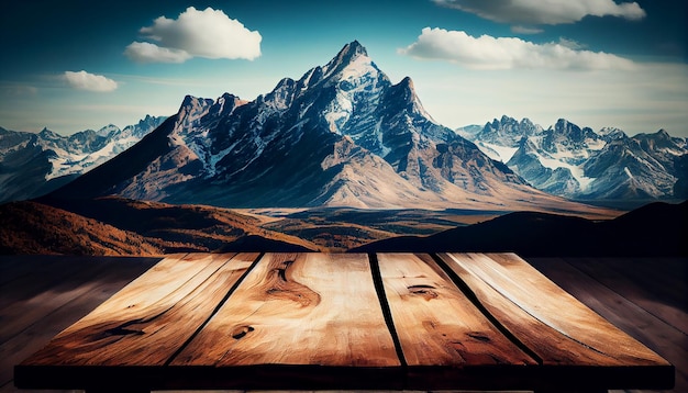 Free Photo mountain landscape wood plank table snowy winter generative ai