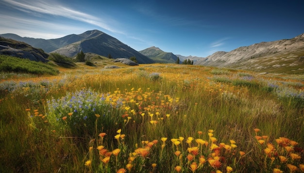 Mountain meadow blooms with wildflowers in summer generated by AI