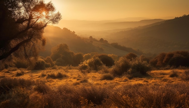 Free photo mountain peak back lit by orange sunrise generated by ai