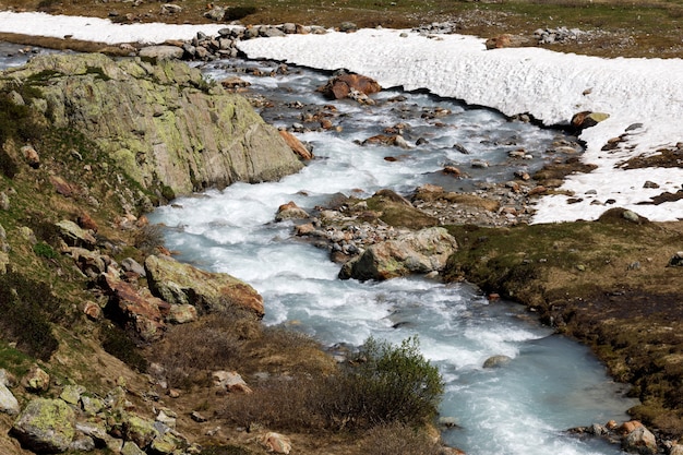 Mountain river in Susten pass located in Switzerland in winter during daylight