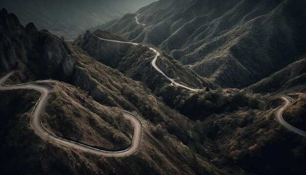 Mountain road winds through snow capped peaks generated by AI