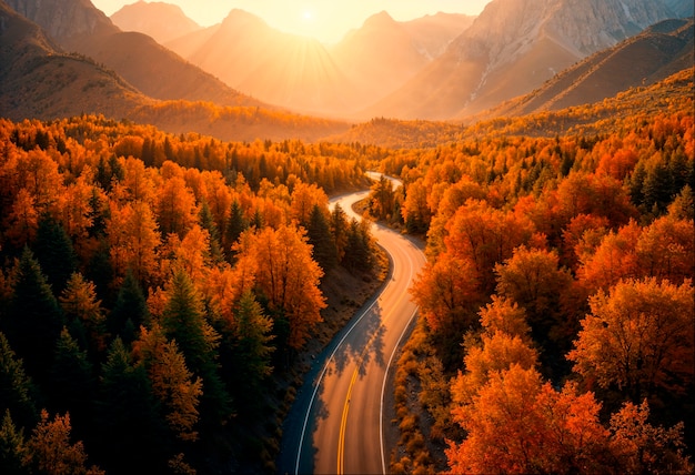 Mountain winding road during autumn