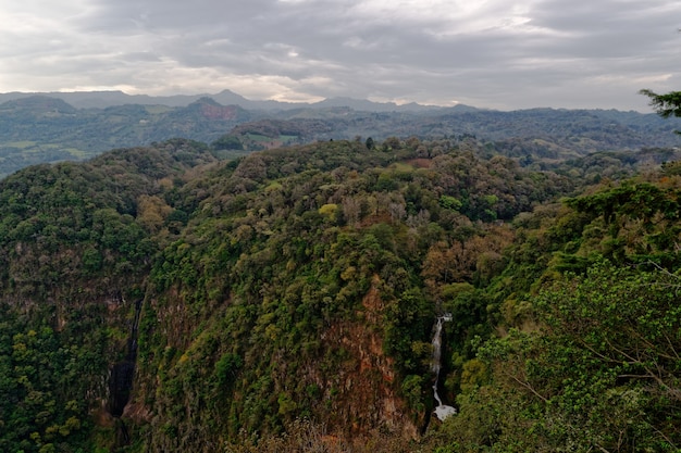 Mountainous forest with a waterfall  during daytime