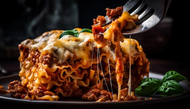 Mouthwatering lasagna with rich bolognese sauce and melted mozzarella generated by AI