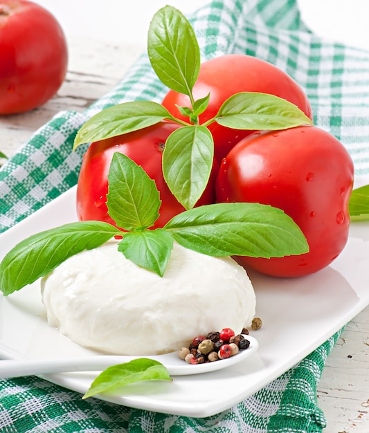 Mozzarella, tomatoes and fresh basil leaves