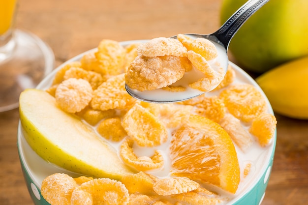 Muesli bowl with milk and fruit