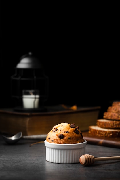 Muffin with chocolate chips and honey