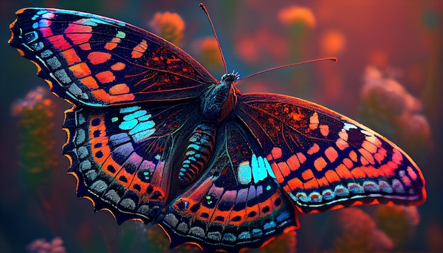 Multi colored butterfly wing macro close up on flower generative AI