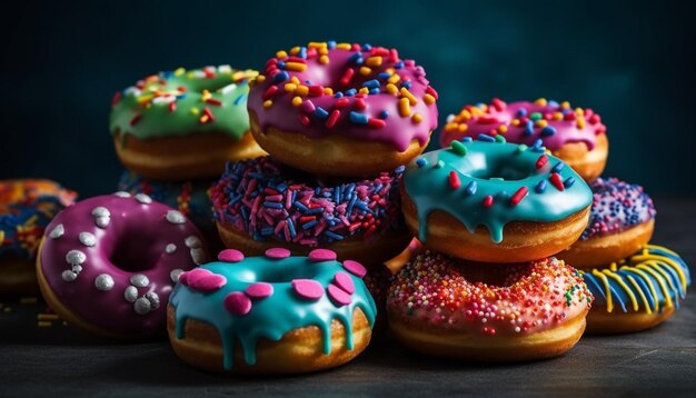 Multi colored donut heap on rustic wood table generated by AI