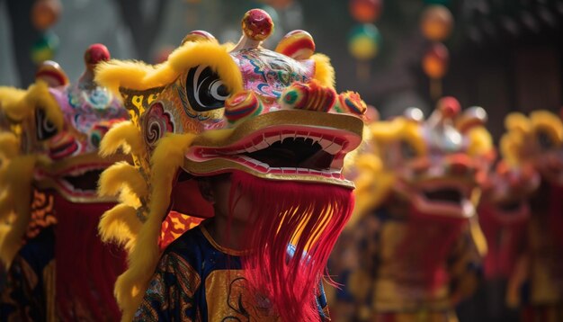 Multi colored dragon dances through traditional Chinese parade generated by AI