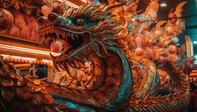 Free photo multi colored dragon statue symbolizes chinese spirituality generated by ai