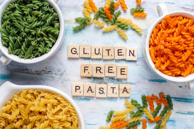 Multi-colored gluten free vegetable fusilli pasta.