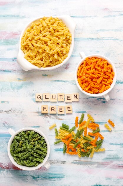 Multi-colored gluten free vegetable fusilli pasta.