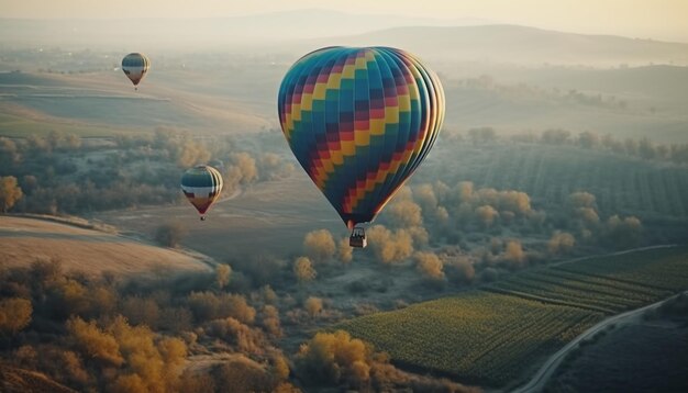 Free Photo multi colored hot air balloon flies high over mountain landscape generated by ai