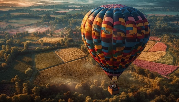 Multi colored hot air balloon floats above mountains generated by AI