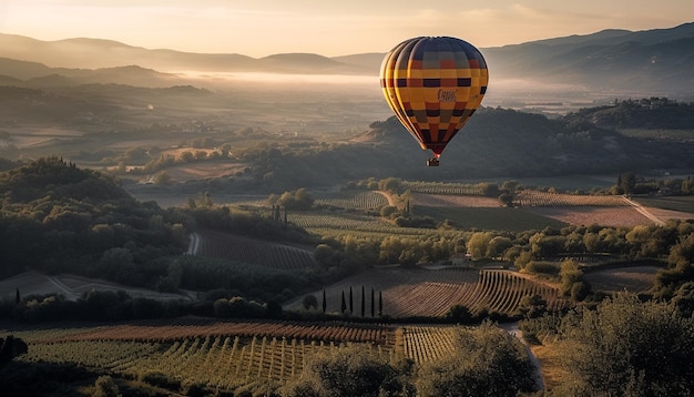 Multi colored hot air balloon soars over mountains generated by AI