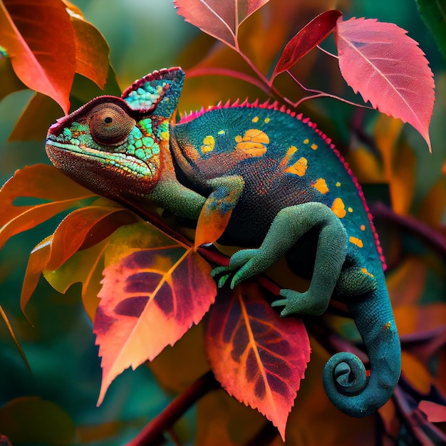 Multi colored lizard perching on leafs generative AI