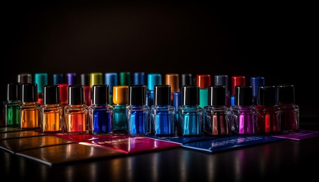 Free Photo multi colored nail polish bottle liquid paint shiny elegance generated by artificial intelligence