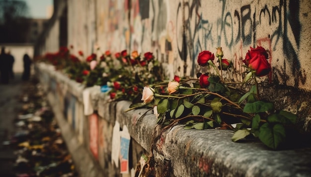 Free Photo multi colored petals adorn old building architecture generated by ai