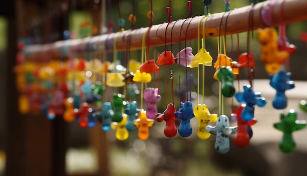 Multi colored toy hanging on blue rope outdoors generated by AI