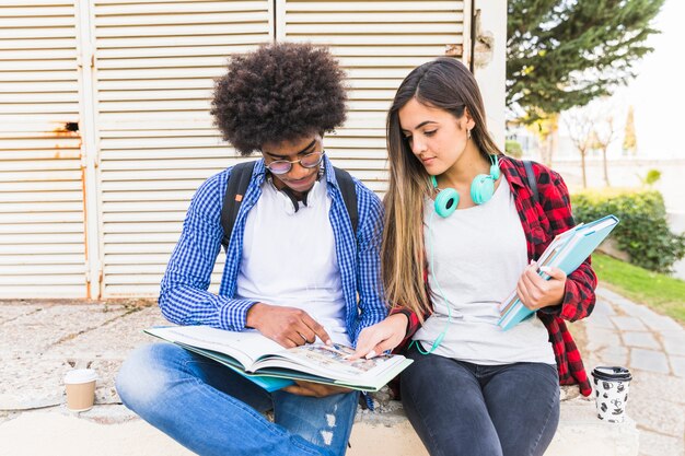 Multi ethnic young couple studying together in the park