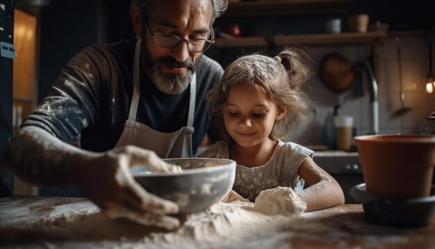 Multi generation family kneading dough in domestic kitchen generated by AI