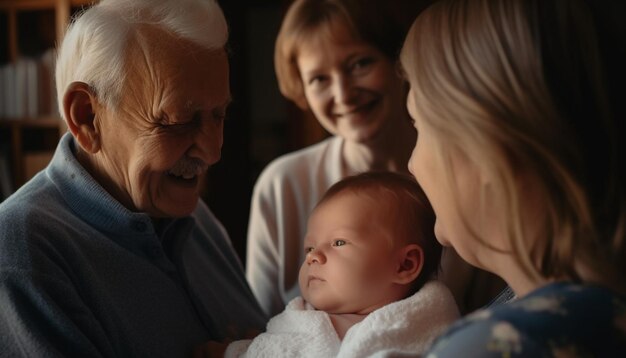 Multi generation family smiling bonding and embracing together generated by AI