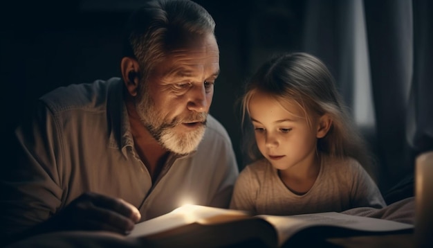 Multi generational family reading Bible together at night generated by AI