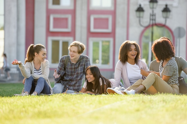 Free photo multiethnic group of young concentrated students