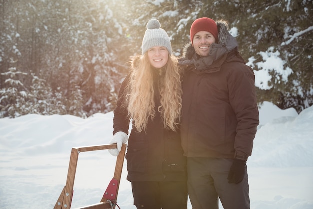 Free photo mushers standing beside sleigh