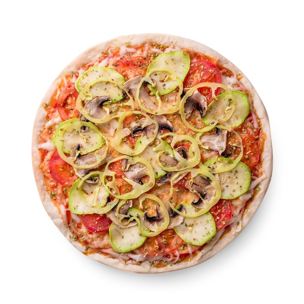 Mushroom pizza vegetarian on white background isolated. Still life. Copy space. Top view. Flat lay