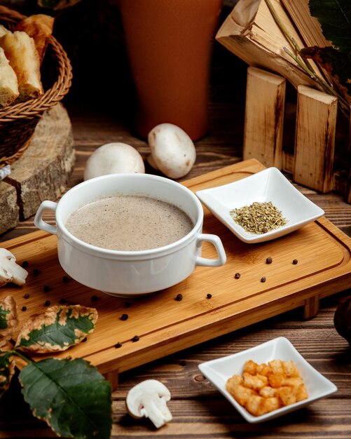 Mushroom soup served dried herbs