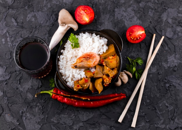 Mushrooms and rice dish top view