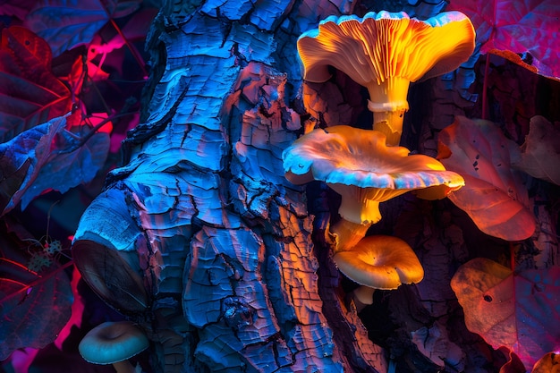 Free photo mushrooms seen with intense brightly colored lights