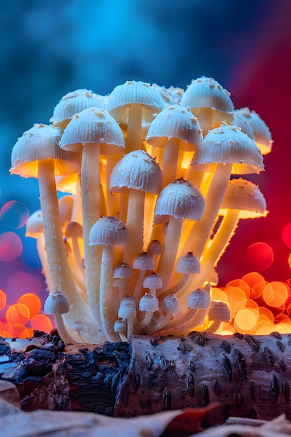 Free photo mushrooms seen with intense brightly colored lights