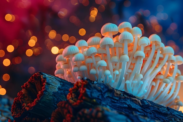 Mushrooms seen with intense brightly colored lights