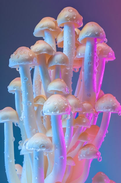 Mushrooms seen with intense brightly colored lights