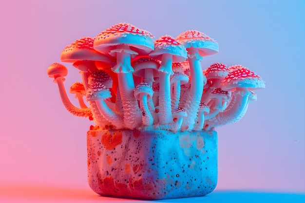 Mushrooms seen with intense brightly colored lights